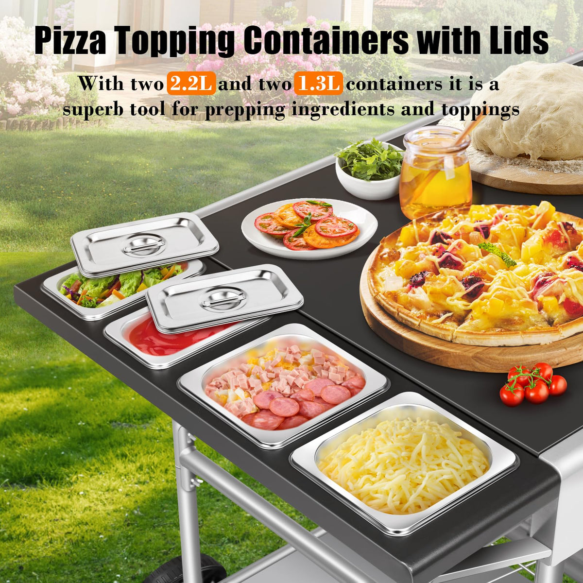GRILL FORCE four-topping-stations-setup for organized sauces and toppings.