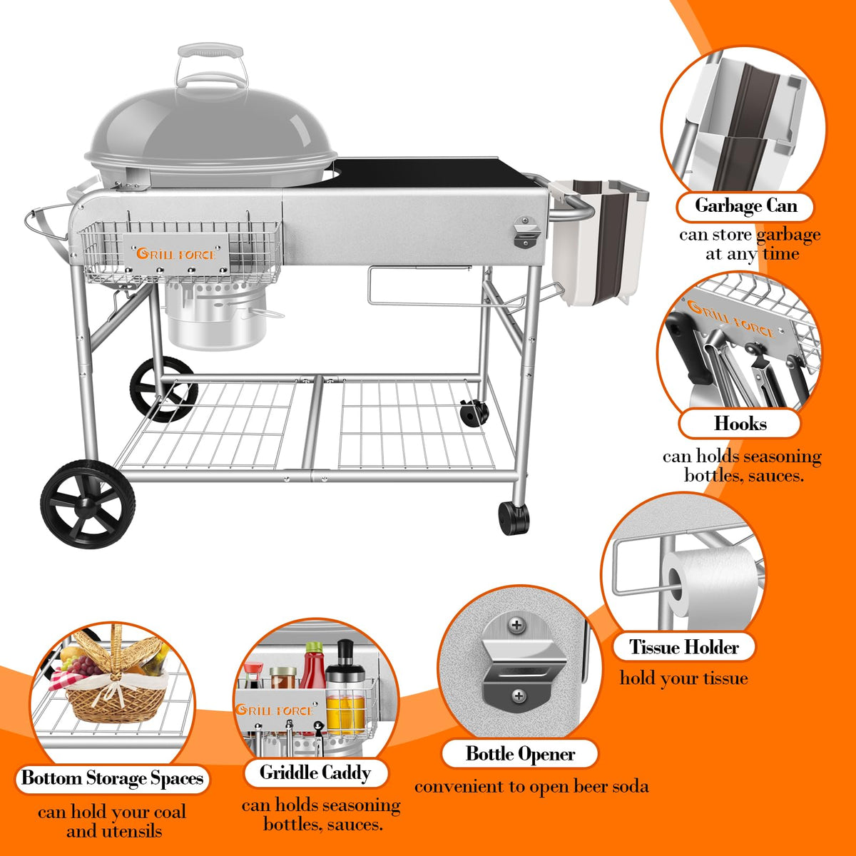 GRILL FORCE grill table griddle caddy keeps sauces and spices within reach