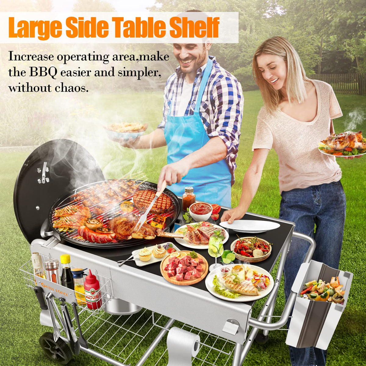 GRILL FORCE grill table under shelf stores charcoal and accessories for clutter-free cooking