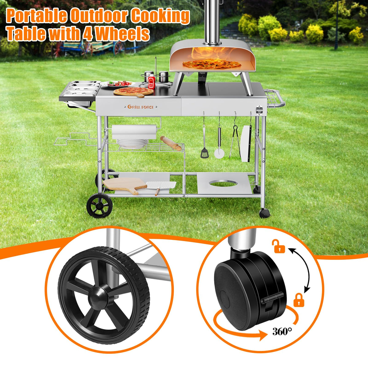 GRILL FORCE spacious-work-area for efficient dough shaping and prep.