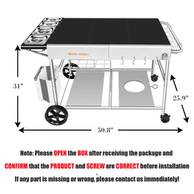 GRILL FORCE wheels-with-locking-legs provide mobility and stable positioning.