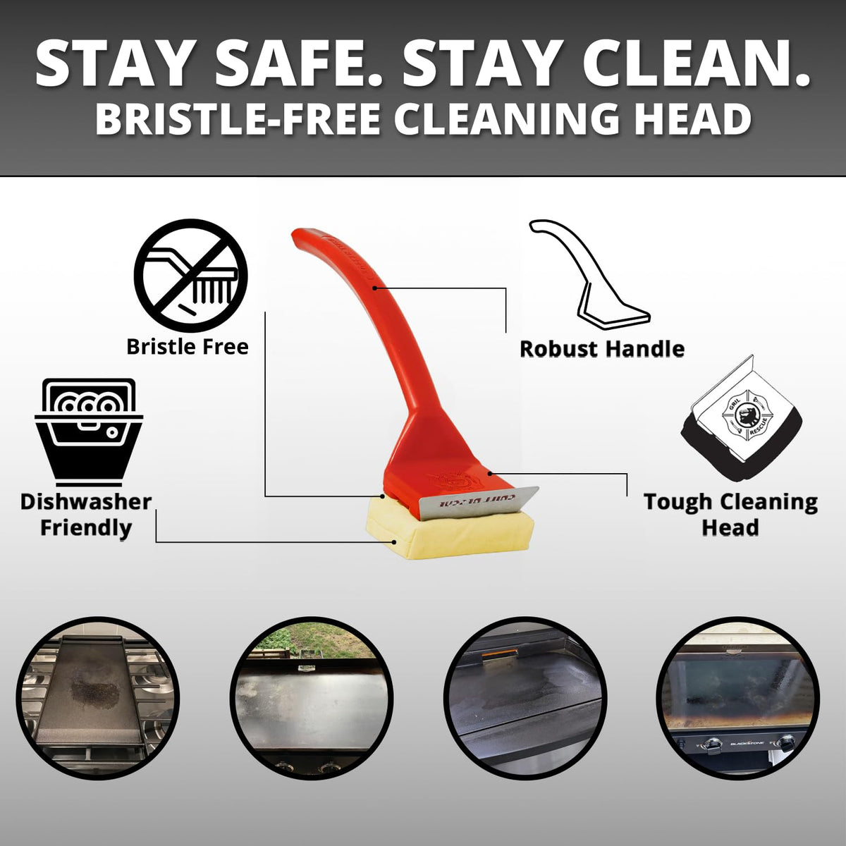 Grill Rescue heat-resistant brush cleaning a hot cooking surface