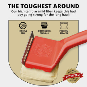 Grill Rescue heavy-duty scraper removing burnt-on grease from an outdoor griddle