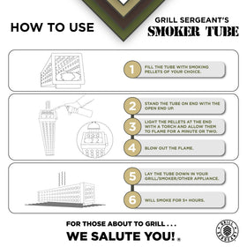 Grill Sergeant smoker tube shown in hot and cold smoking configurations.