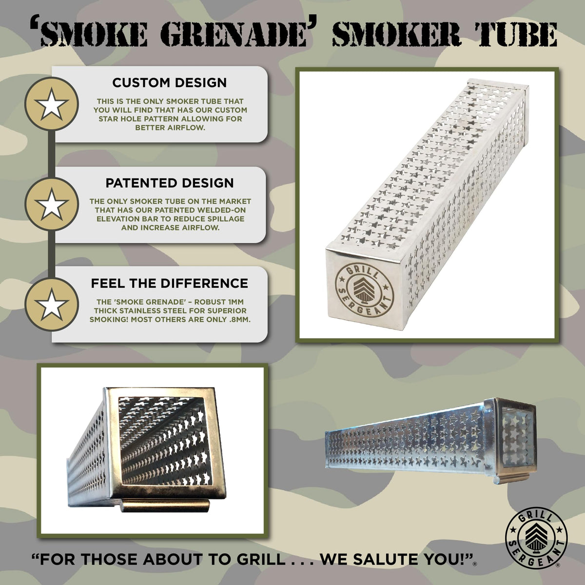 Grill Sergeant smoker tube star hole pattern optimized airflow for richer smoke.