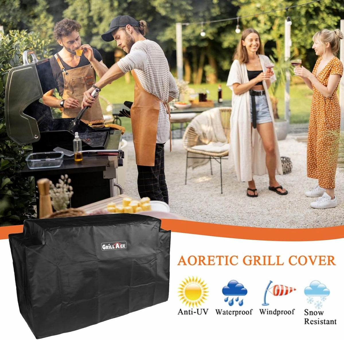 GrillAce all-weather grill cover, protects from sun, rain, and snow.
