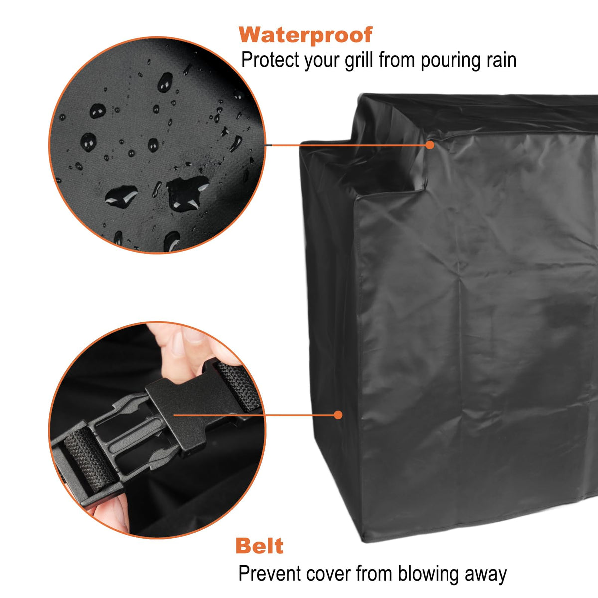 GrillAce four-burner cover with drawstring, secure fit in windy conditions.