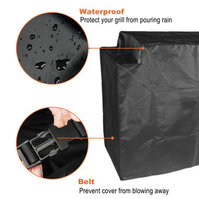 GrillAce four-burner cover with drawstring, secure fit in windy conditions.