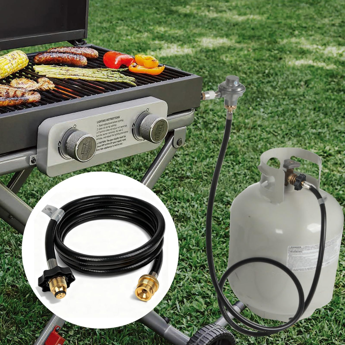 GrillAce 1lb-to-20lb propane converter hose enabling longer runtime.