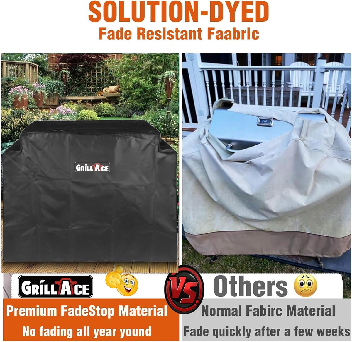 GrillAce windproof cover with snap fasteners, stays put in strong winds.