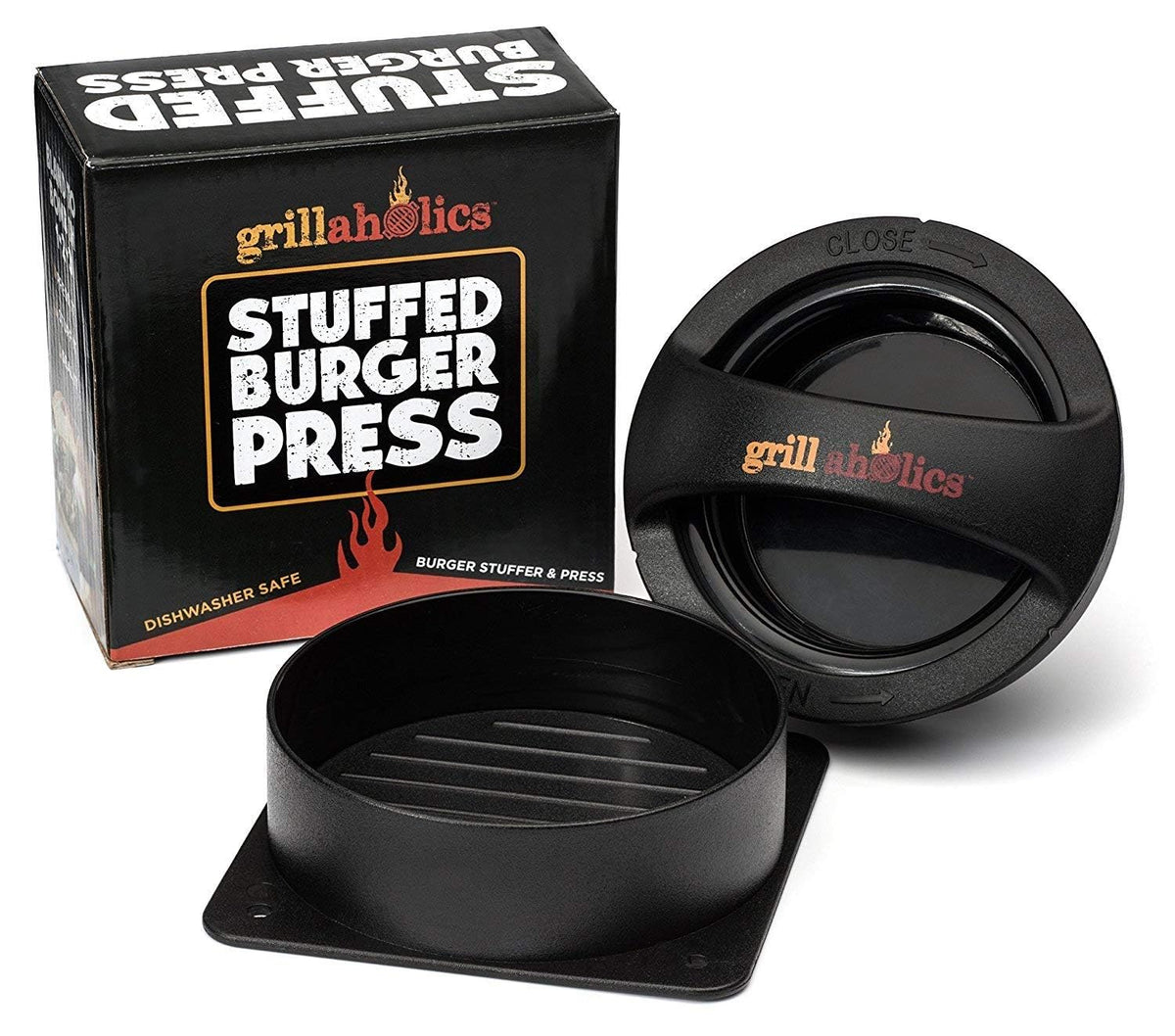 Grillaholics burger patty maker ready to stuff with cheese and toppings.