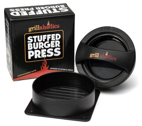 Grillaholics burger patty maker ready to stuff with cheese and toppings.
