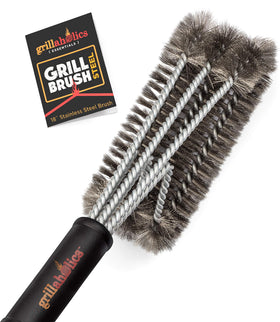 Grillaholics Essentials steel grill brush with 18-inch handle for safer, thorough cleaning.