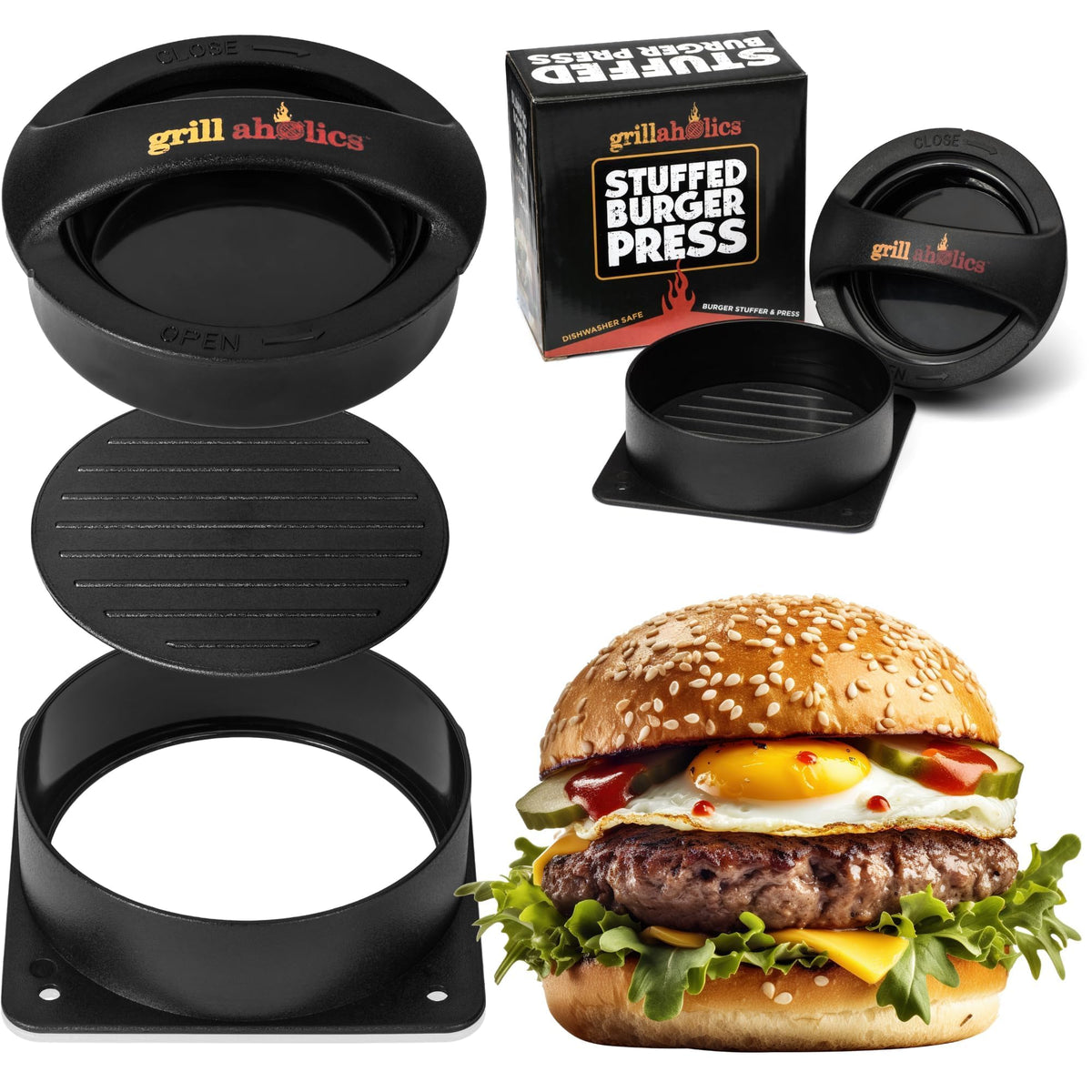 Grillaholics stuffed burger press in use for juicy, evenly cooked patties.