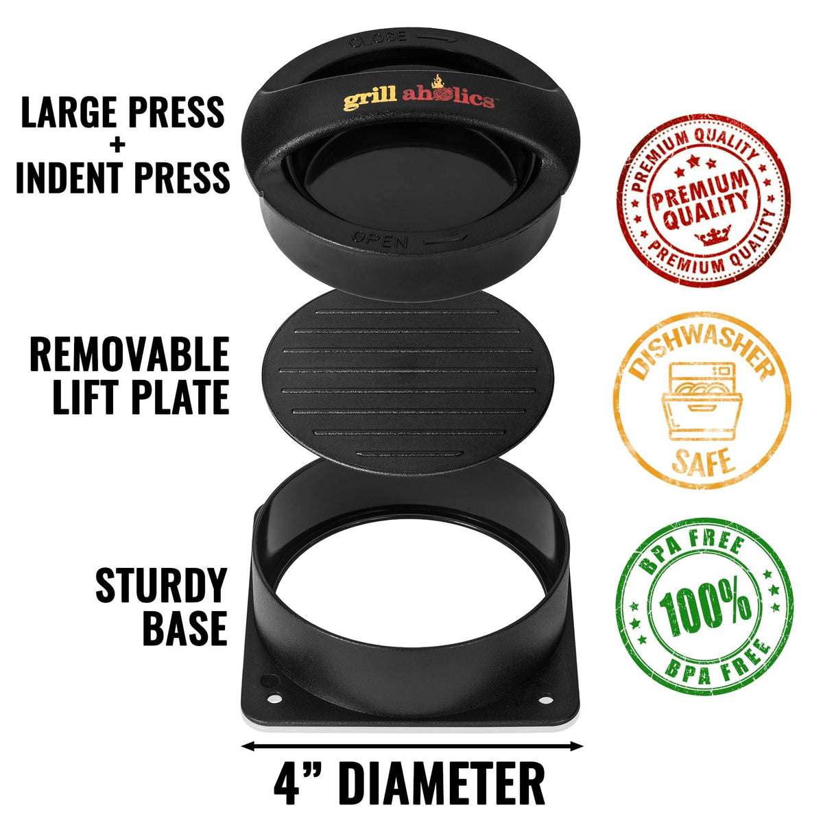 Uniform patties ensure even grilling with Grillaholics press.