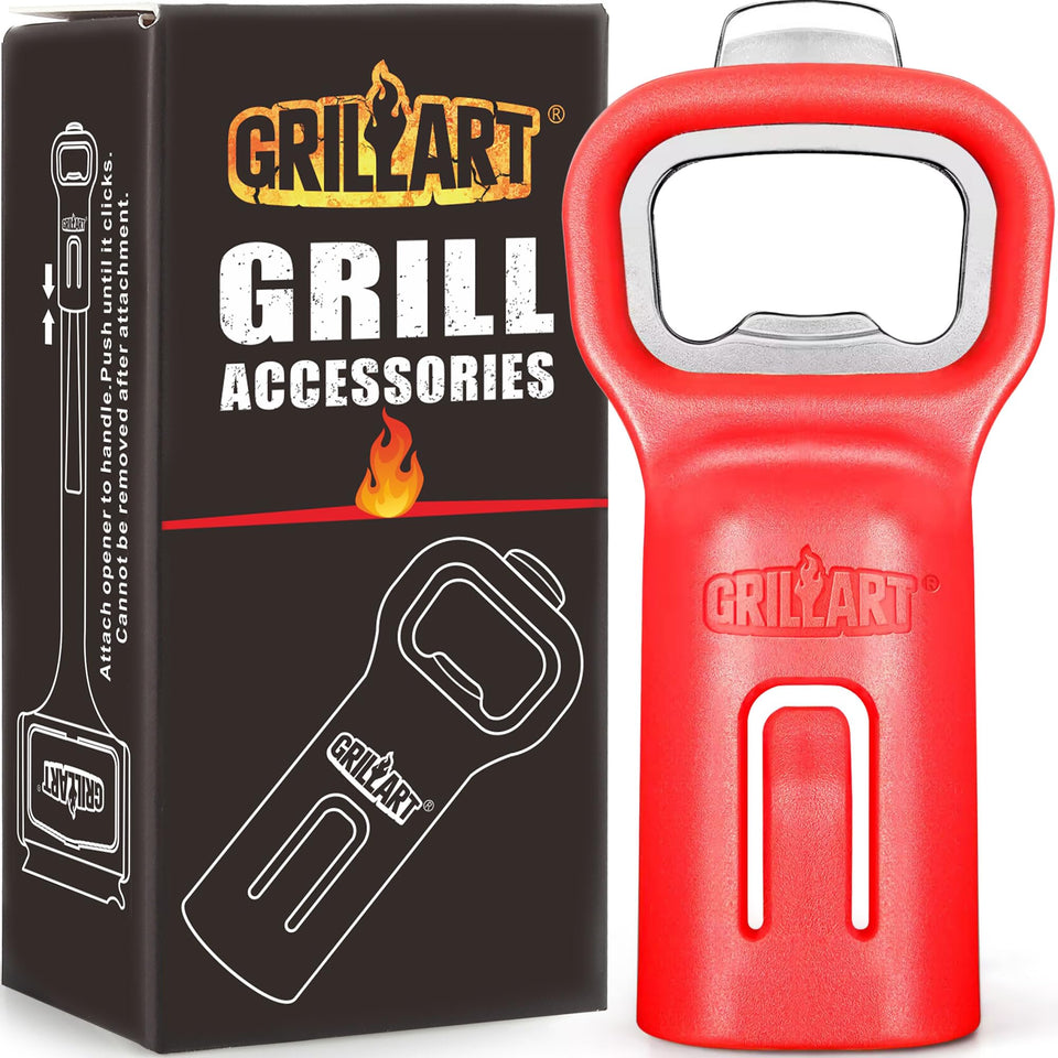 GRILLART grill brush bottle opener extends reach for easy bottle access