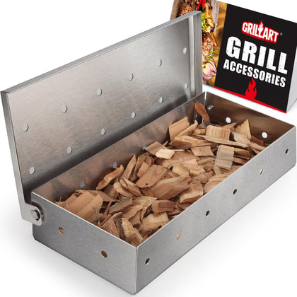 GRILLART smoker box on grill delivers rich smoky flavor for meats and veggies