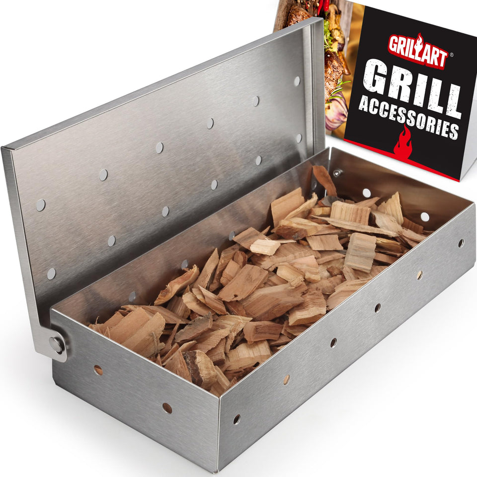 GRILLART smoker box on grill delivers rich smoky flavor for meats and veggies