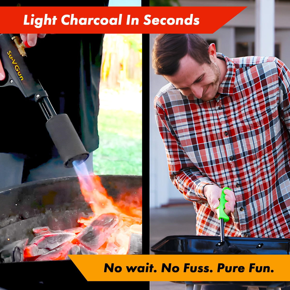 GRILLBLAZER Su-VGun stand-charcoal-ignition shows precise flame control for safe cooking.