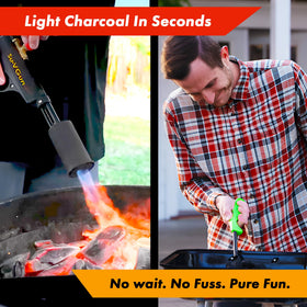 GRILLBLAZER Su-VGun stand-charcoal-ignition shows precise flame control for safe cooking.
