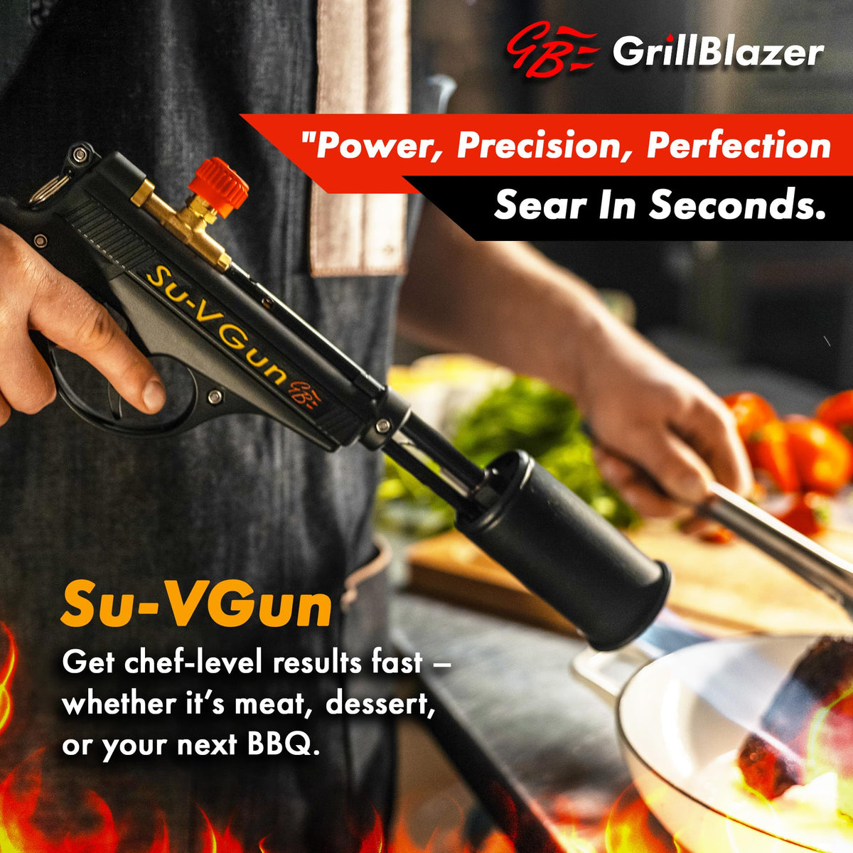 GRILLBLAZER Su-VGun stand-ignition demonstrates fast charcoal ignition for quick meals.