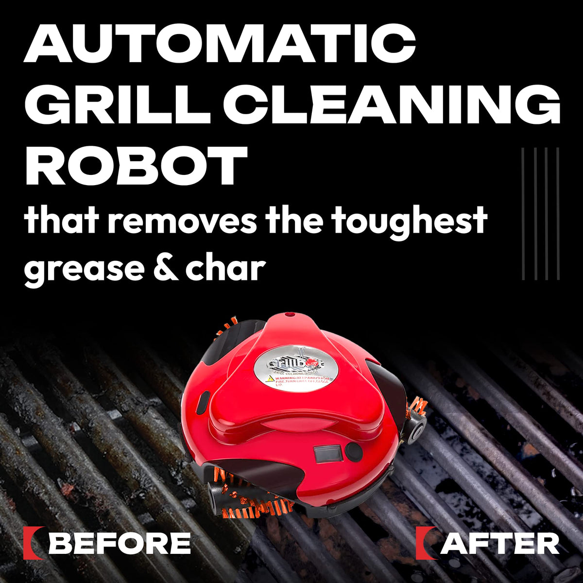 Grillbot with three rotating nylon brushes removing grime