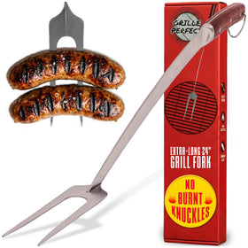 Grille Perfect 24-inch grill fork with curved neck reaching the back of the grill for safe operation