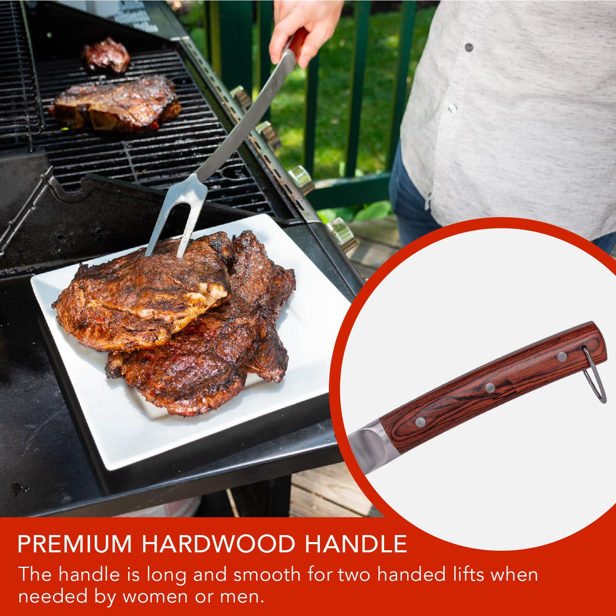 Grille Perfect stainless steel prongs provide a strong grip for lifting meat