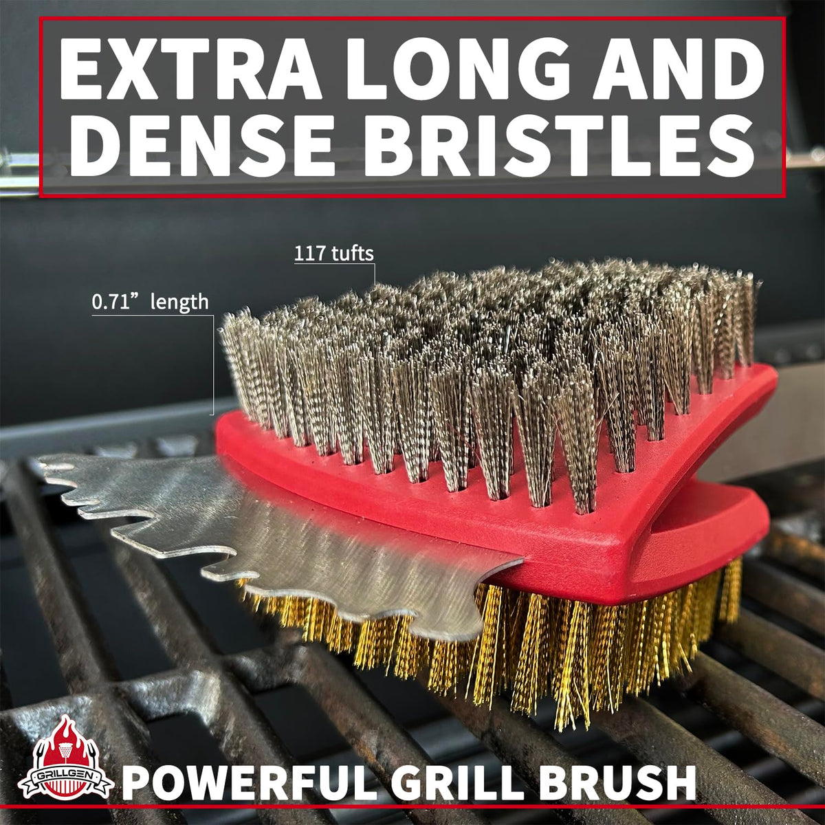 GRILLGEN 117-hole planted technology close-up showing durable bristle anchors and resilience.