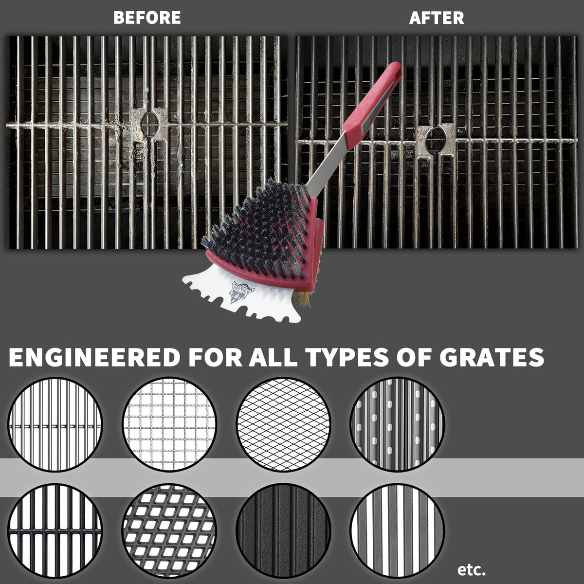 GRILLGEN dense bristle system concentrates cleaning power across the grate surface.