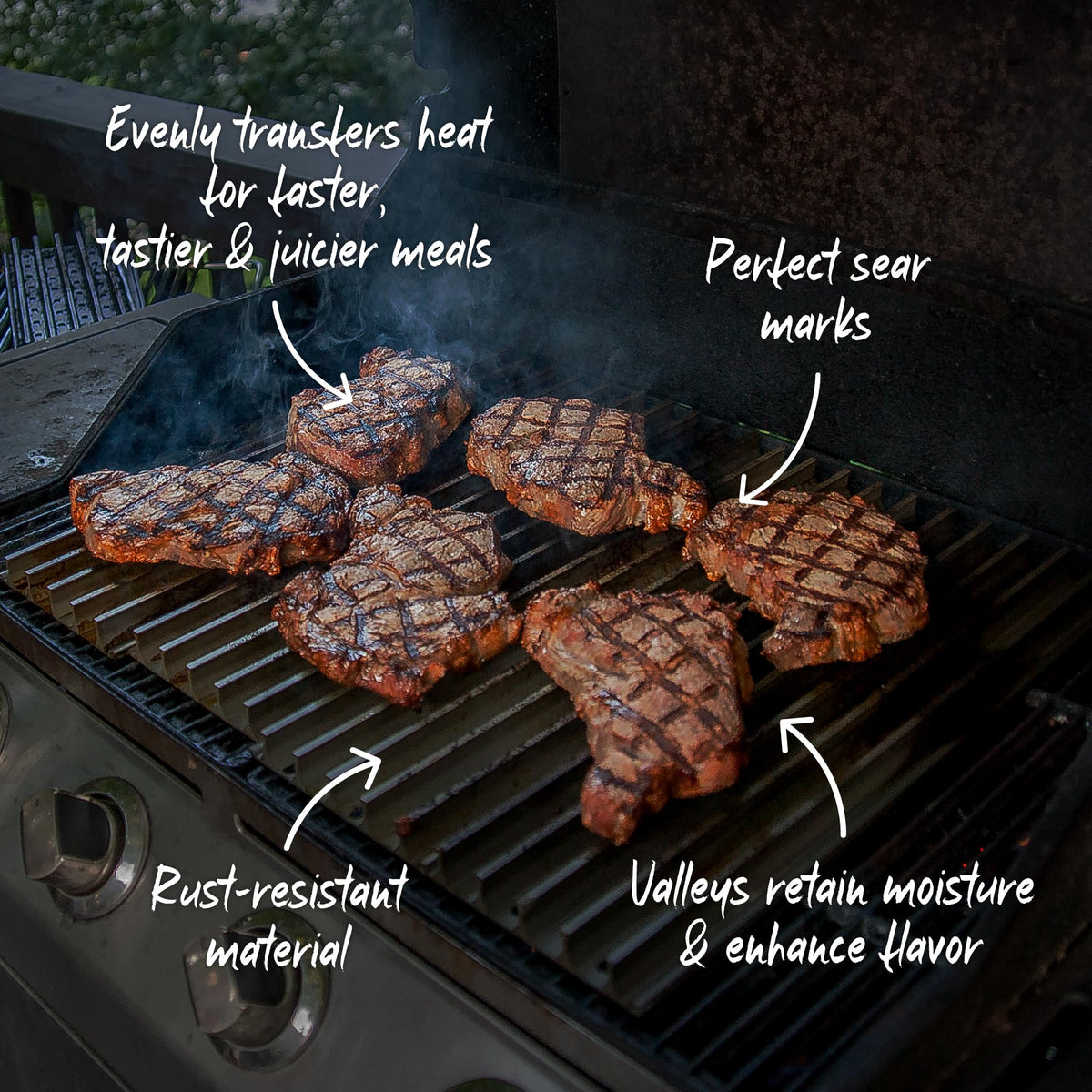 GrillGrate interlocking panels allow flexible configurations for grilling and roasting.