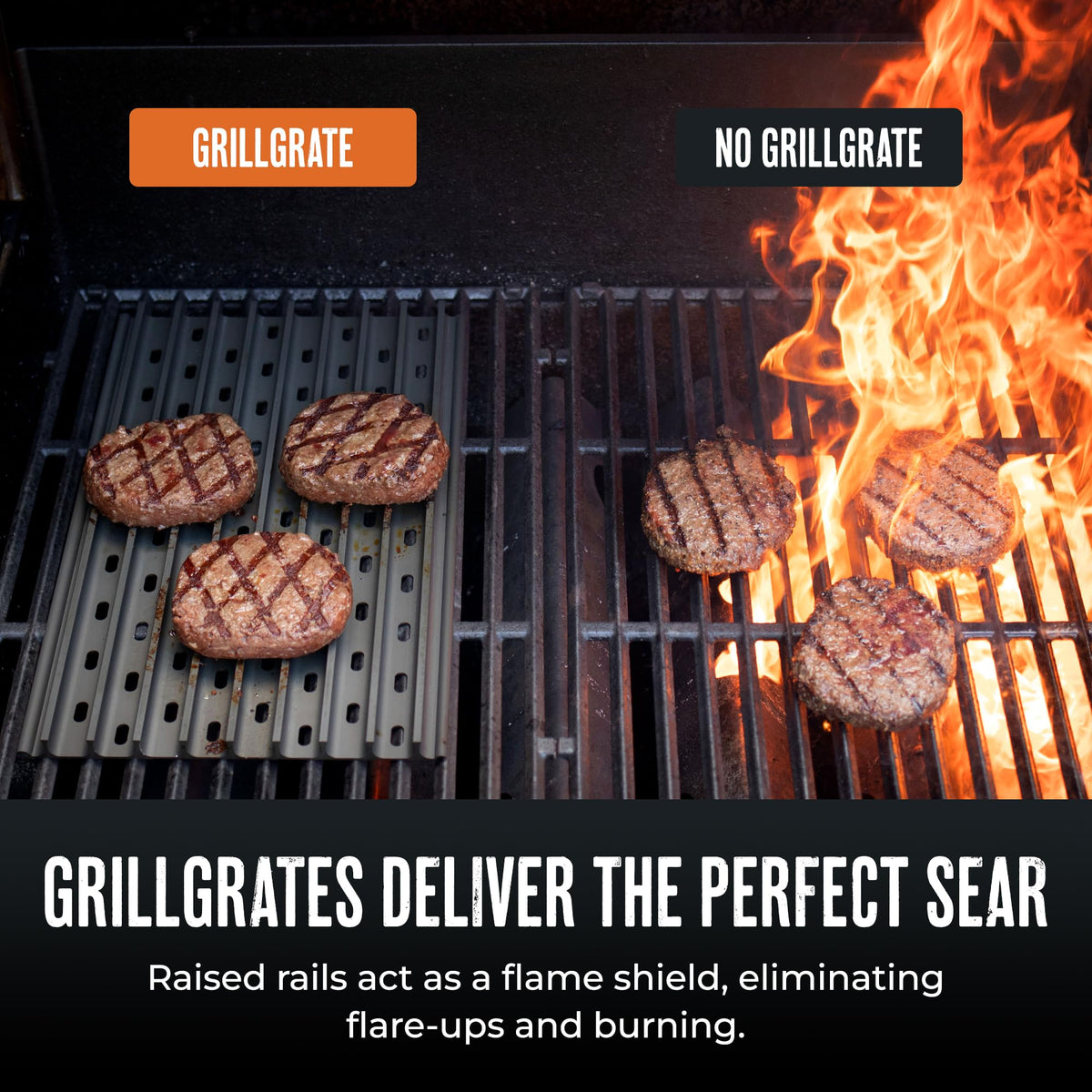 GrillGrate raised-rail design creates hotter zones for even cooking.