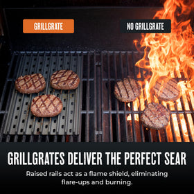 GrillGrate raised-rail design creates hotter zones for even cooking.