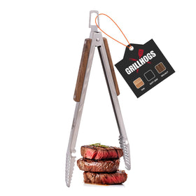 GRILLHOGS 16-inch tongs with stainless steel and walnut handle for precise flipping.