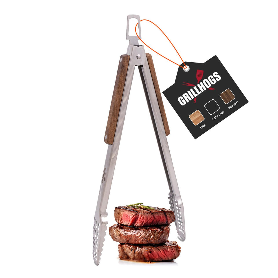 GRILLHOGS 16-inch tongs with stainless steel and walnut handle for precise flipping.