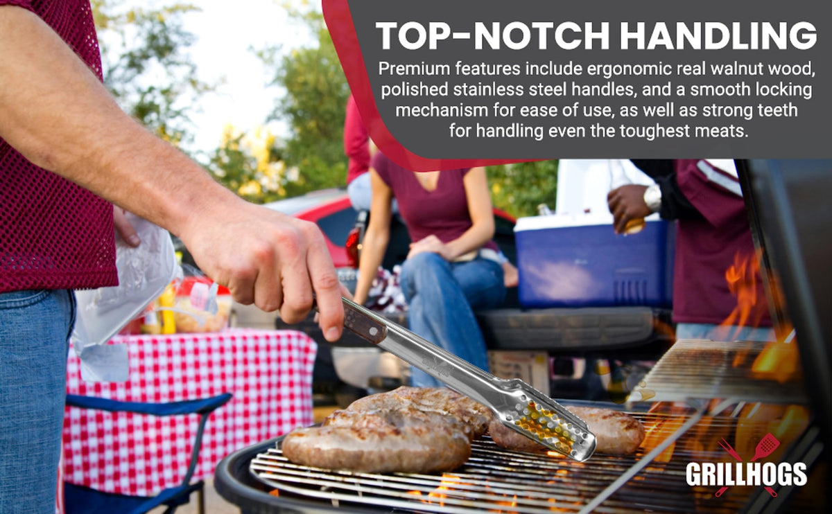 GRILLHOGS versatile tongs tackle burgers, steaks, and vegetables confidently on the grill.