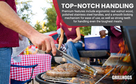 GRILLHOGS versatile tongs tackle burgers, steaks, and vegetables confidently on the grill.