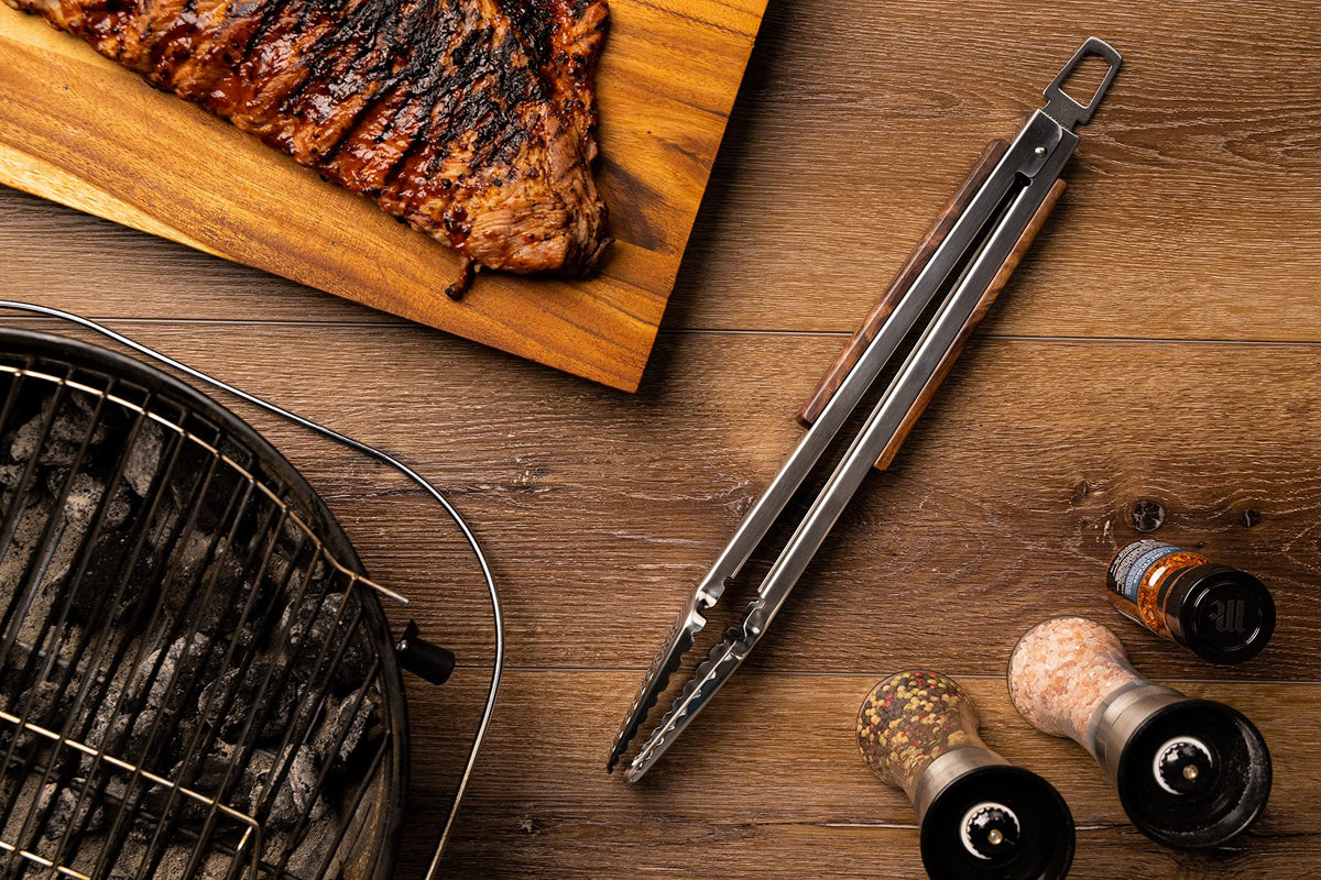 GRILLHOGS walnut wood handle offers ergonomic, non-slip grip for comfortable grilling.