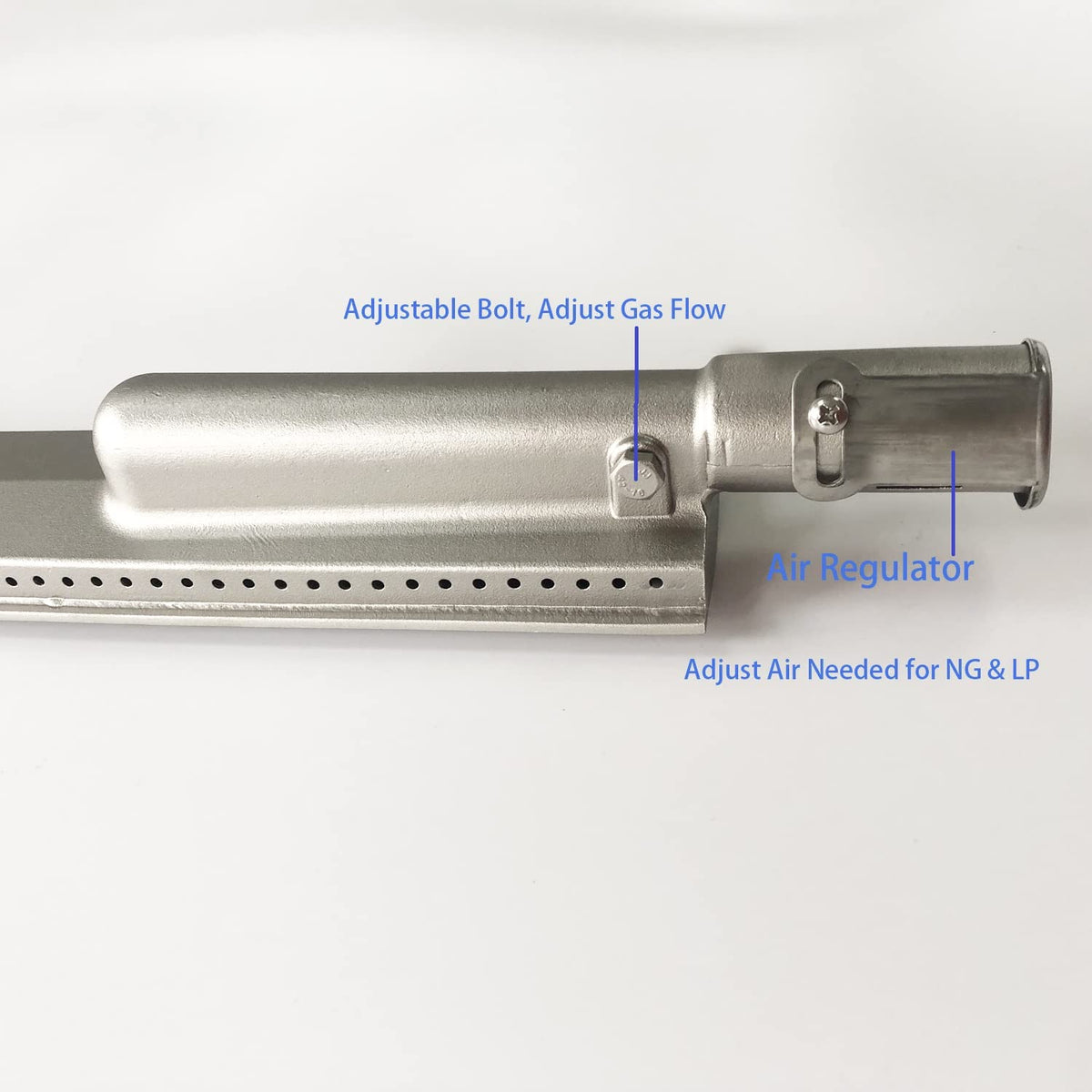 GRILLJOB evenly spaced burner ports for uniform cooking and blue flame
