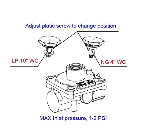 GRILLJOB regulator side connection demonstrates inlet-outlet orientation for LPG and NG