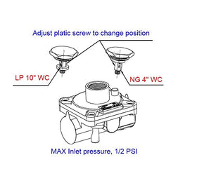 GRILLJOB regulator side connection demonstrates inlet-outlet orientation for LPG and NG