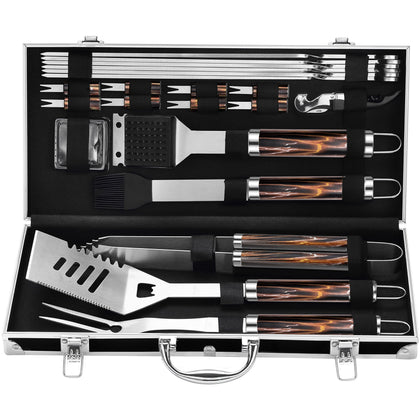 Grilljoy 22-piece grill tools in an open case for quick outdoor setup