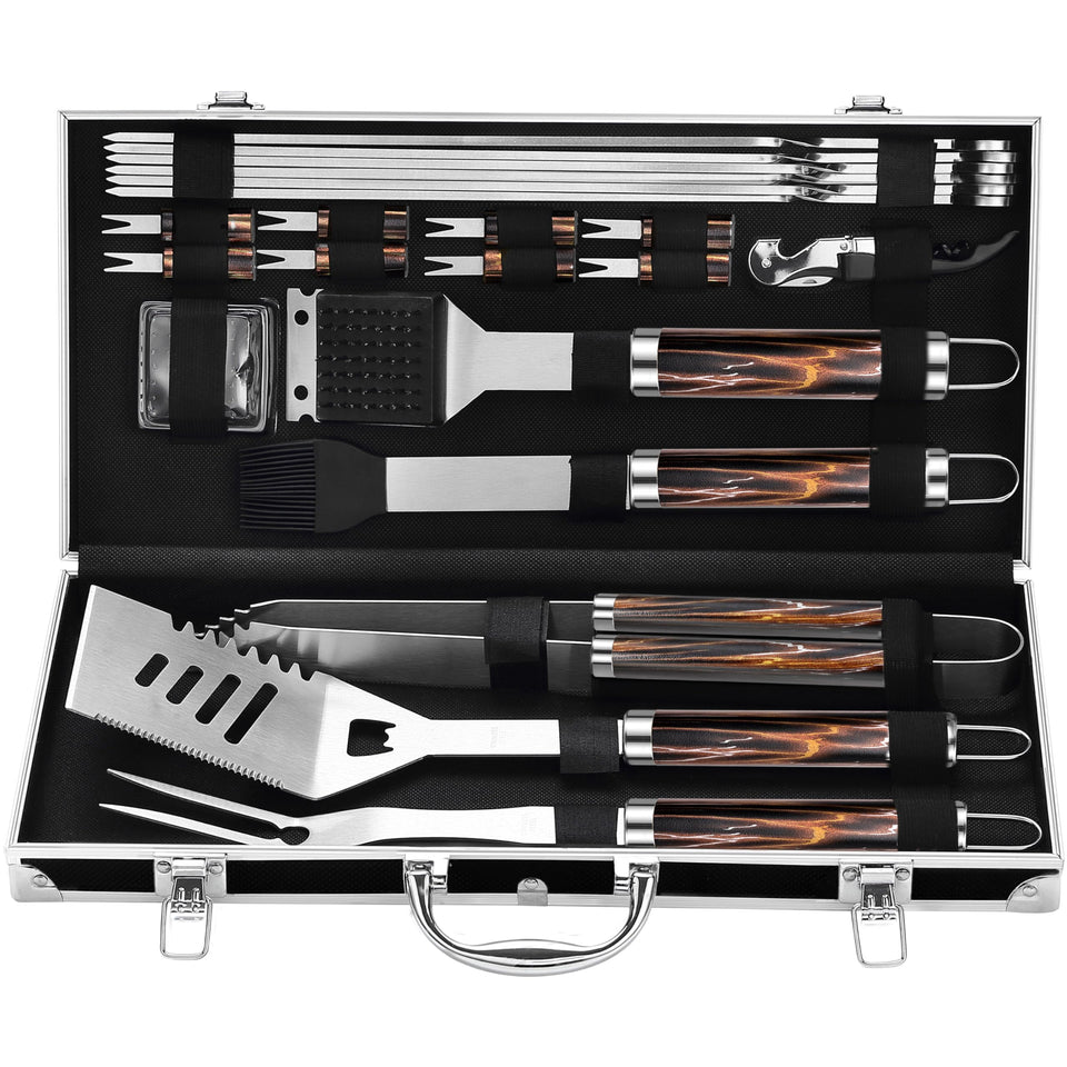 Grilljoy 22-piece grill tools in an open case for quick outdoor setup