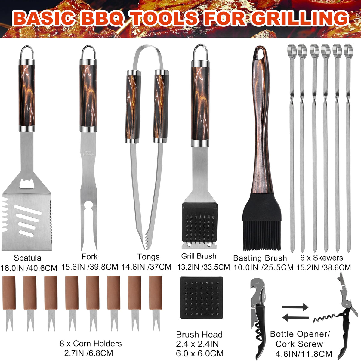 Grilljoy tools with flame-pattern handles offering secure grip during grilling