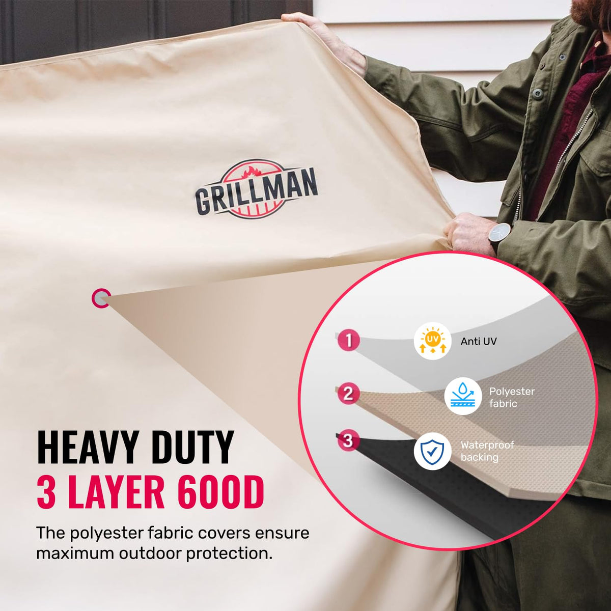 Grillman 58-Inch grill cover – tan weather-ready finish blends with patios.