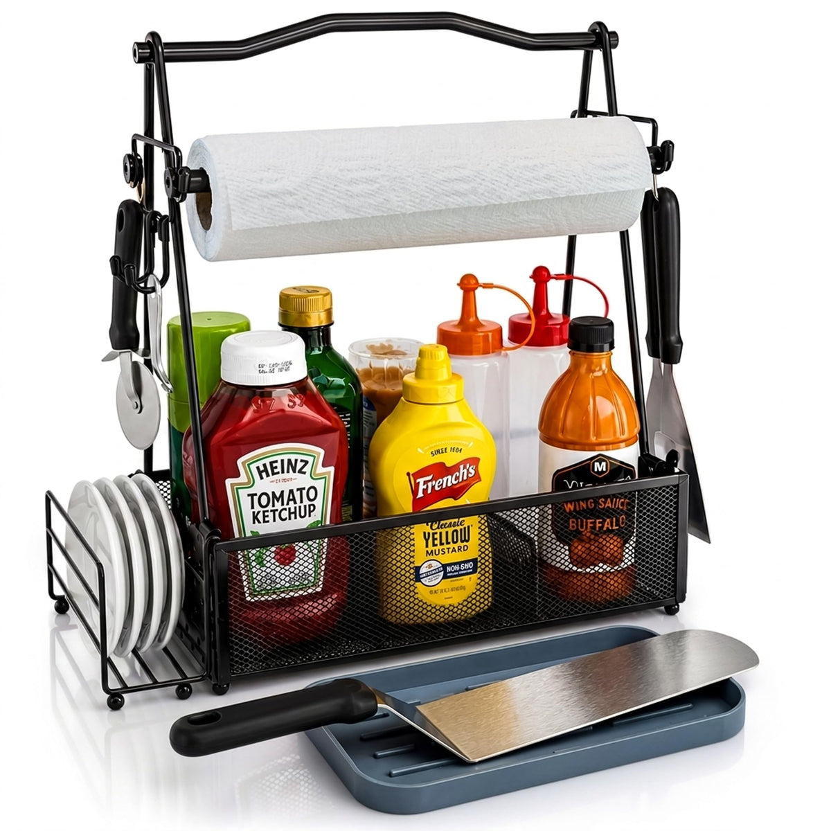 GrillSavvy foldable grill caddy shown as a compact outdoor organizer for easy storage and transport.