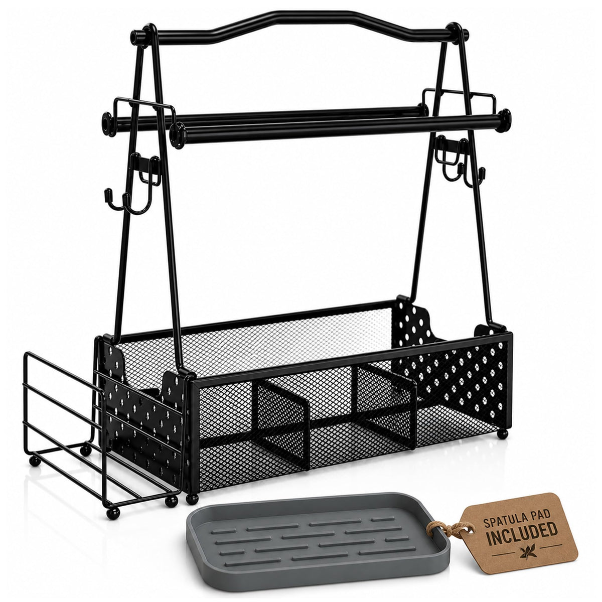 GrillSavvy multi-functional caddy featuring paper roll, napkins, and hooks for efficiency.