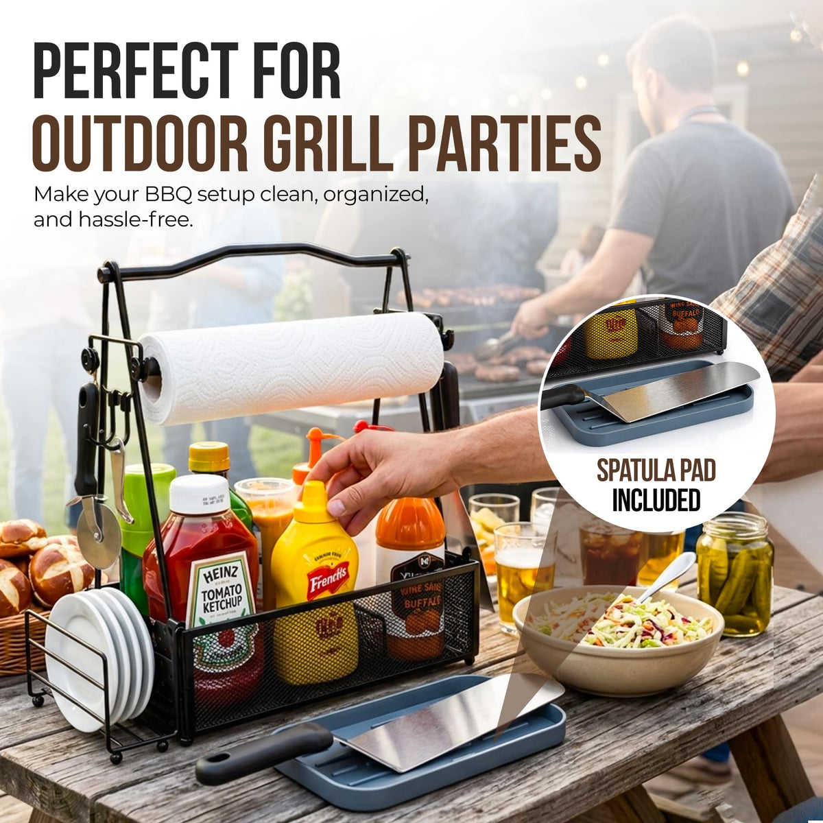 GrillSavvy napkin holder with removable hooks for tidy prep areas outdoors.