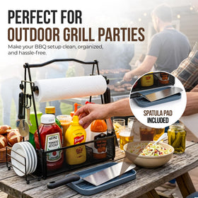 GrillSavvy napkin holder with removable hooks for tidy prep areas outdoors.