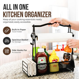 GrillSavvy outdoor kitchen storage illustrating organized spices, towels, and utensils.